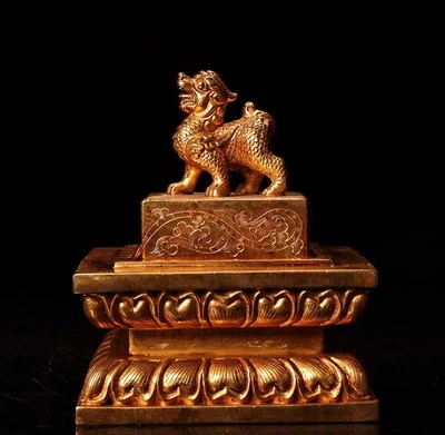 Signed Old Chinese Copper Gilding Seal Stamp w/dragon N4248