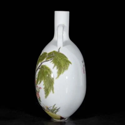 28CM Yongzheng Signed Old Chinese Colour Enamel Vase W/duck N3655