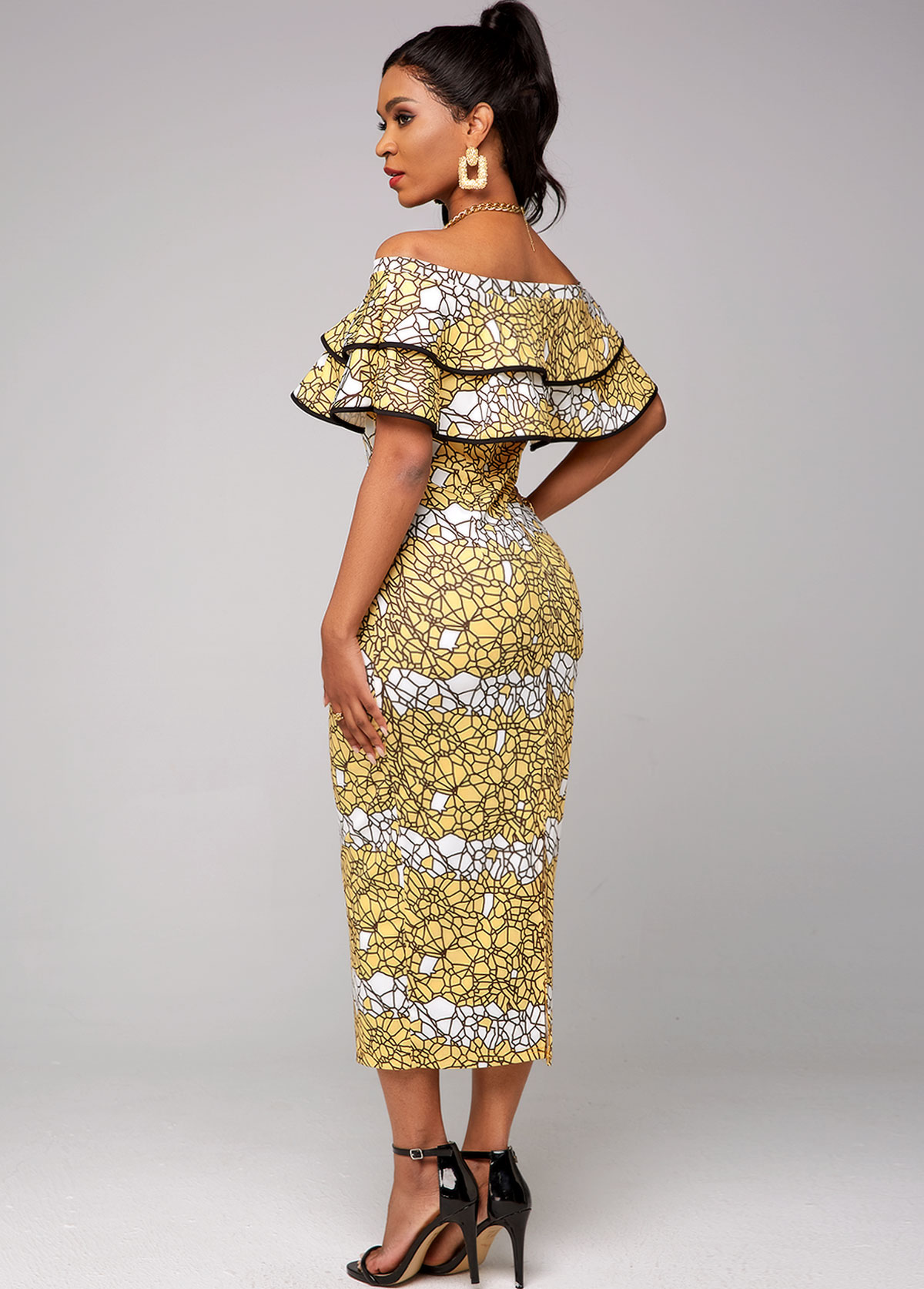 Ruffle Overlay Printed Off Shoulder Dress