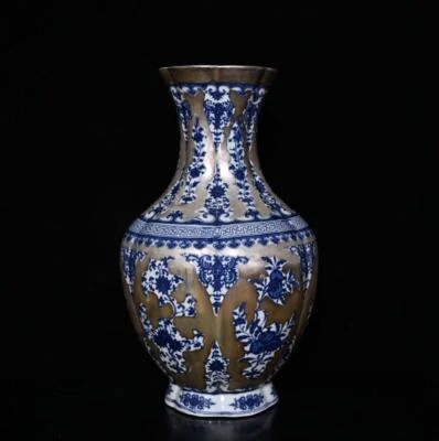 38CM Qianlong Signed Old Chinese Blue and White Silvering Vase W/peach N233