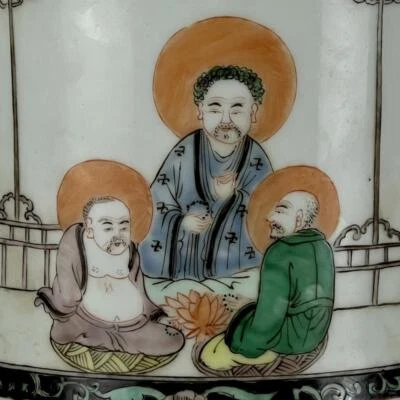 Kangxi Signed Old Chinese Wucai Brush Pot W/figure N1050