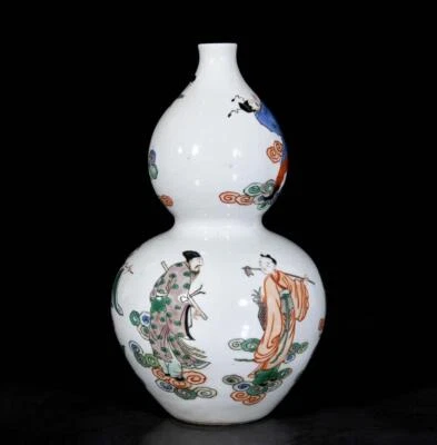 Kangxi Singed Old Chinese Wucai Gourd Vase W/figure N3588