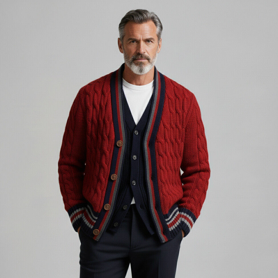 Men's Red Contrast Stripe Trim Cable Knit V Neck Long Sleeve Button Sweater Cardigan