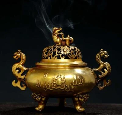 Xuande Signed Old Chinese Red Copper Gilding Incense Burner w/kylin N2797