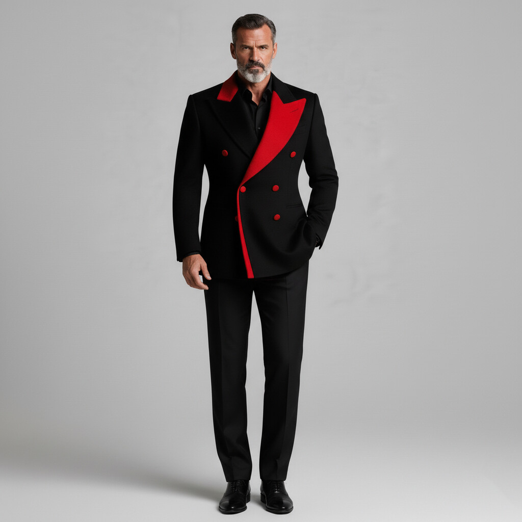 Men's Business Black And Red Contrast Peak Lapel Double Breasted Long Sleeve Blazer
