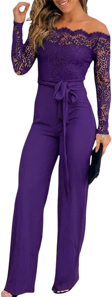 Womens Dressy Jumpsuits Casual One Piece Outfits Off Shoulder Lace Trim Overalls Straight Leg Pants