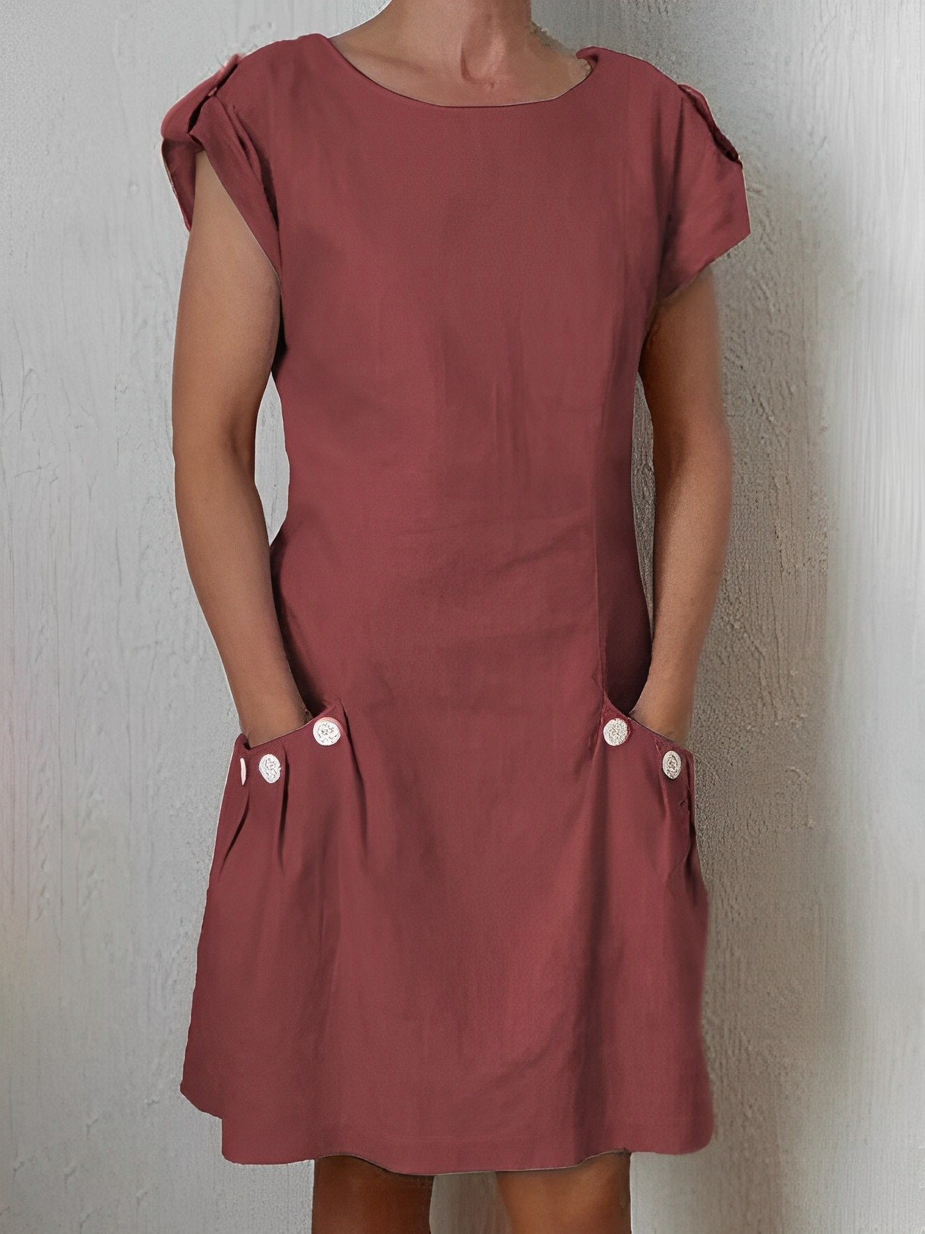 Summer Pockets Buttoned-decor Zipper Back Shift Linen Dresses