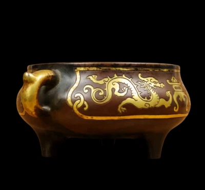 Chongzhen Signed Old Chinese Red Copper Handmade Incense Burner w/ear N3878