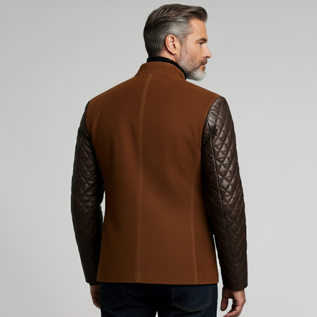 Men's Brown Suede Patchwork Quilted PU Leather Long Sleeve Stand Collar Asymmetrical Zipper Jacket