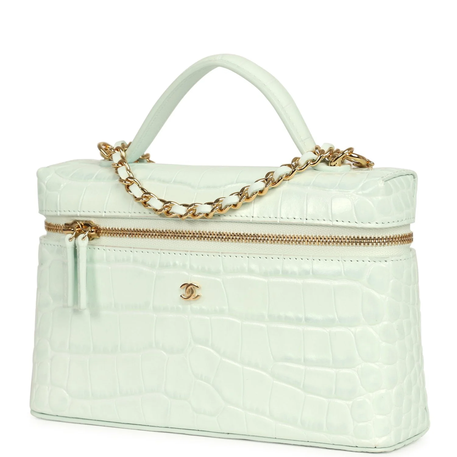 Chanel Top Handle Long Vanity Case with Chain Mint Croc Embossed Calfskin Gold Hardware