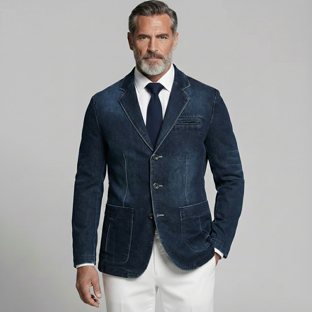 Men's Business Casual Denim Notched Lapel Single Breasted Pocket Long Sleeve Blazer