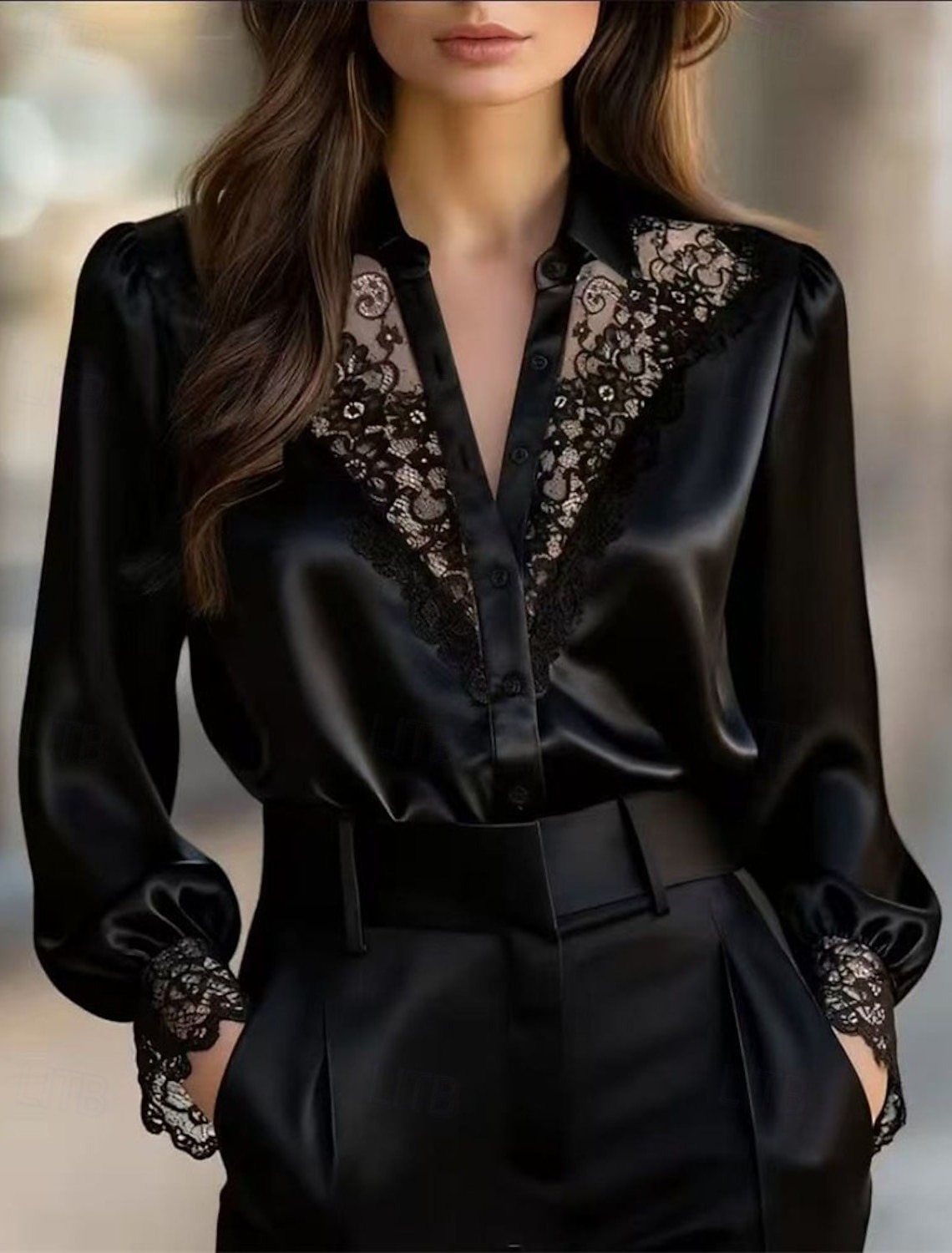 Women's Shirt Elegant Satin Blouse Plain Elegant Vintage Daily Long Sleeve Puff Sleeve V Neck Regular Tops Daily Work Holiday Ruched Lace Patchwork Black White Fall Winter