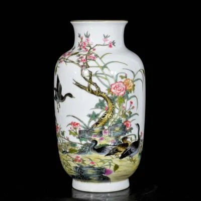 Yongzheng Signed Pair Old Chinese Colour Enamel Vase W/bird N3603