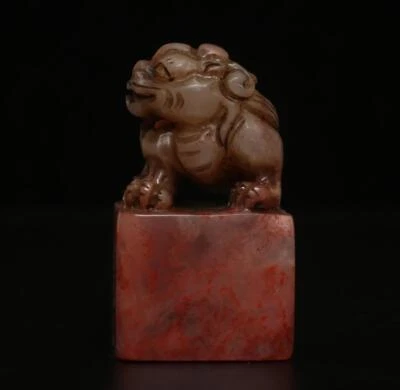 Signed Old Chinese Shoushan Stone Seal Stamp Statue w/lion 118g
