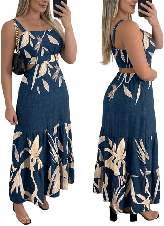 Summer Dresses for Women 2026 Sleeveless Casual Boho Maxi Dress Square Neck Cut Out Floral A Line Dress