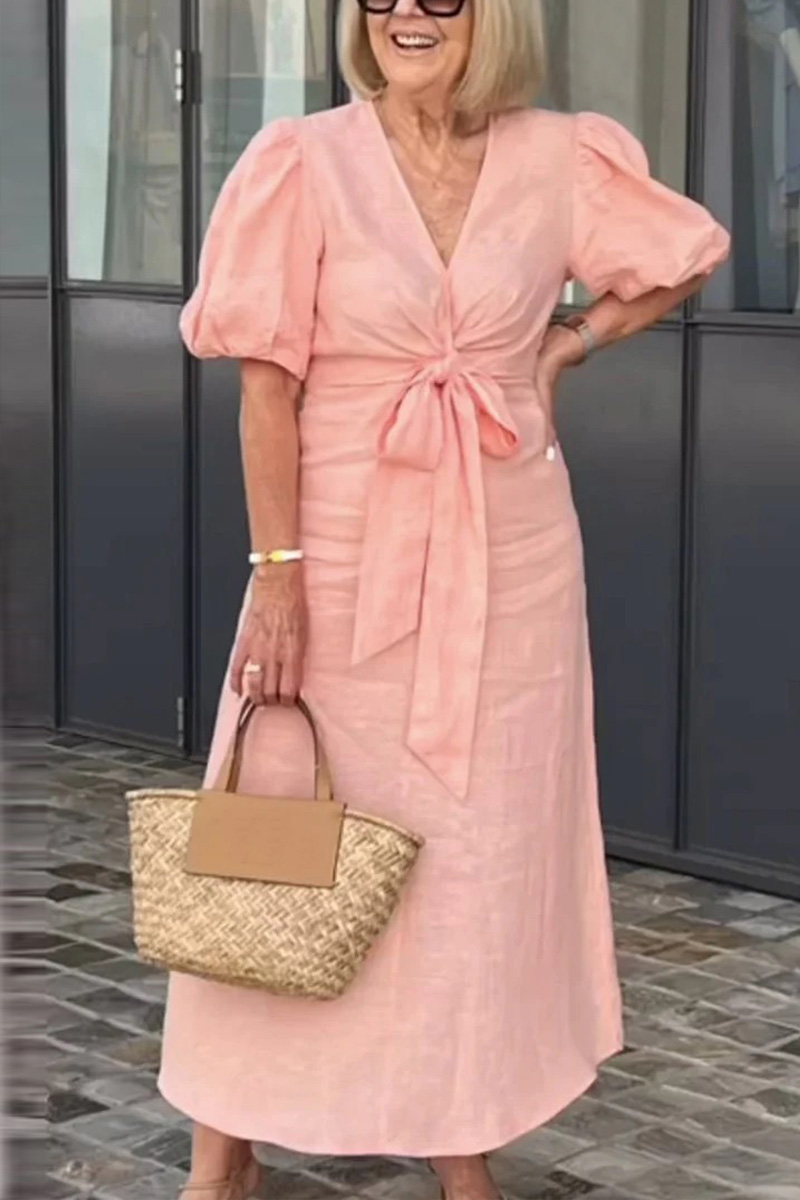 🌲🔥 V Neck Tie Puff Sleeve Cotton Dress- Tax Free