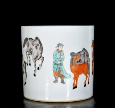 Qianlong Signed Old Chinese Colour Enamel Brush Pot W/horse N3482