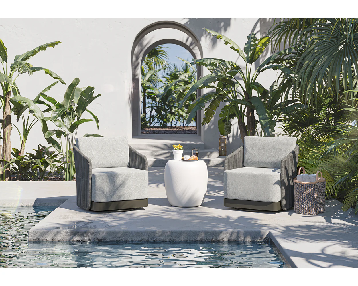 Allariz Swivel Armchair in Warm Grey Fabric – Modern Upholstered Lounge Chair with 360° Rotation