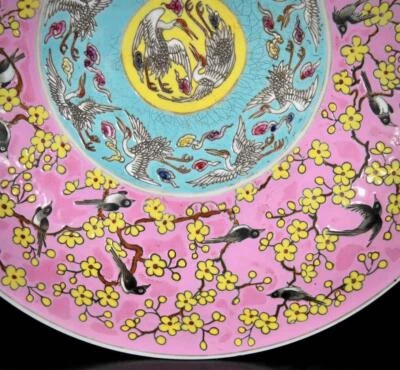 27CM Kangxi Signed Old Chinese Colour Enamel Dish W/bird N3549
