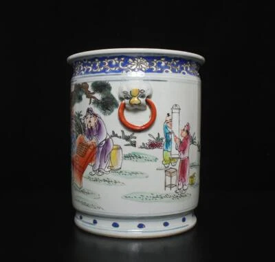 26CM Guangxu Signed Antique Chinese Famille Rose Brush Pot W/ figure