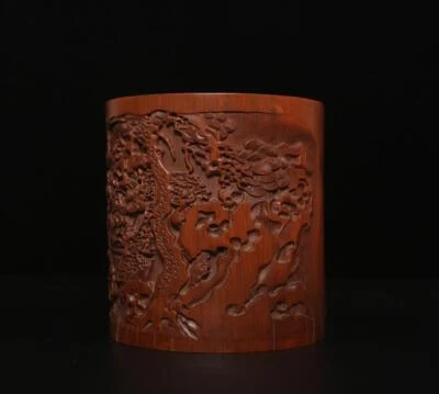 Old Chinese Carved Figures Bamboo Brush Pot w/lady