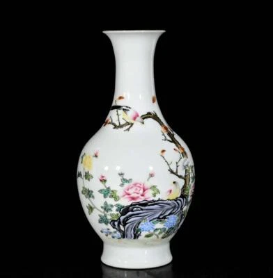 Pair Yongzheng Signed Old Chinese Colour Enamel Vase W/ bird N3192