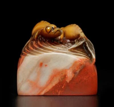 Signed Old Chinese Shoushan Stone Seal Stamp Statue w/fish 224g