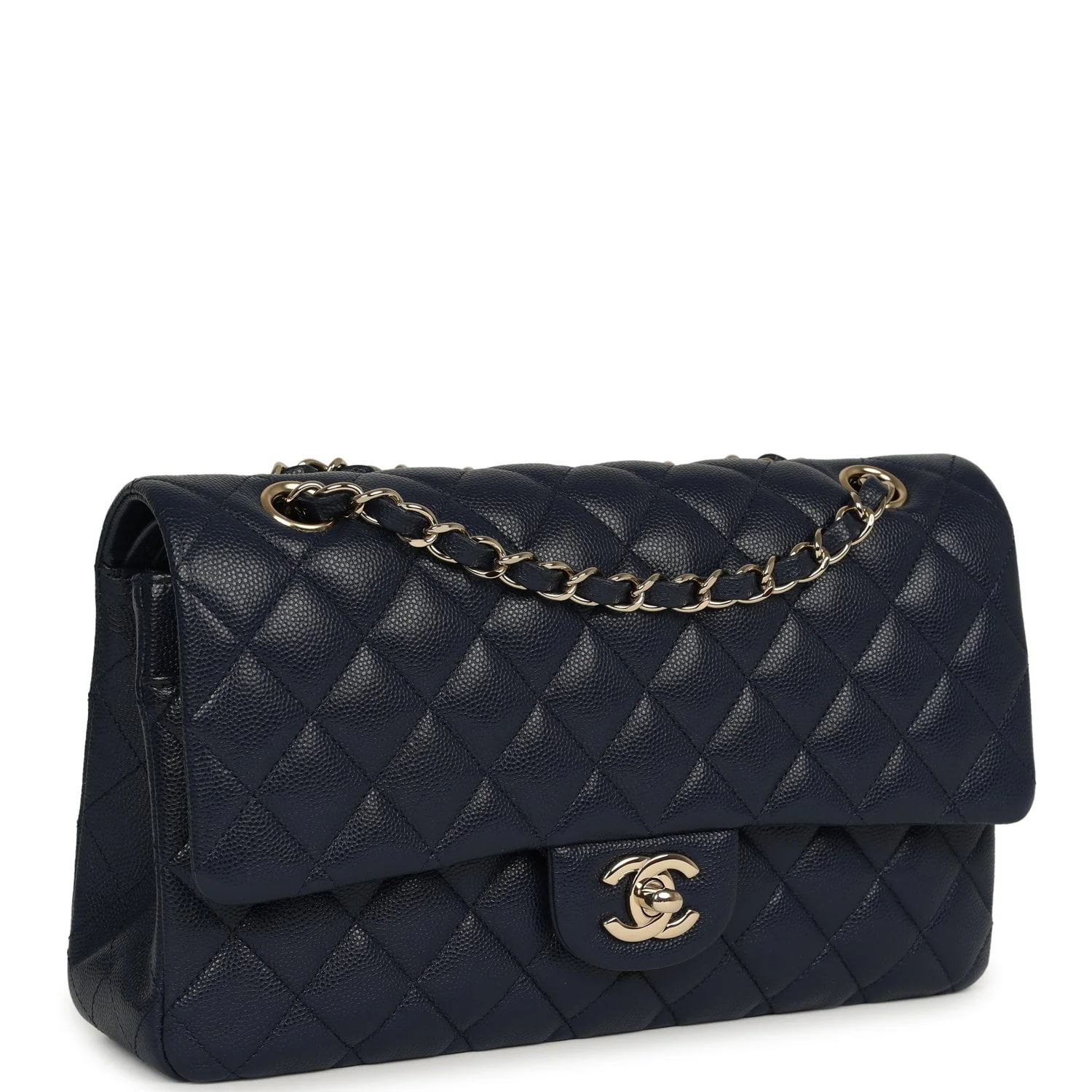 CHANEL Medium Classic Double Flap Bag Navy Blue Shiny Caviar Light Gold Hardware
