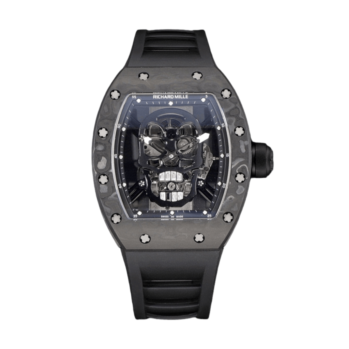 【7A Quality】Best Richard Mille RM 052 Replica Black Carbon Fiber Case Watch – Men’s Luxury Watch With Skeleton Skull Dial