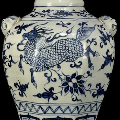 31CM Old Chinese Blue and White Vase W/kylin N1035