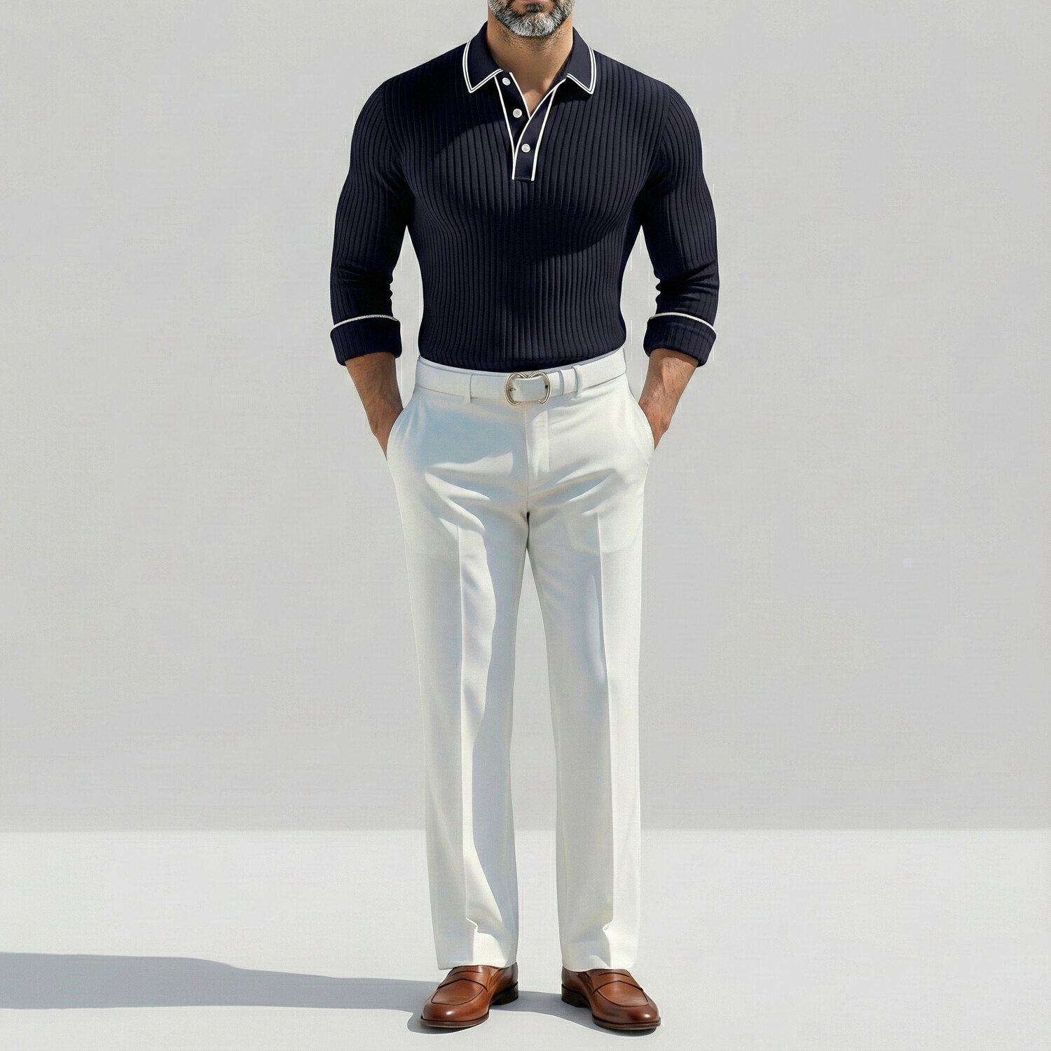 Men's Casual Navy Blue Contrast Stripes Turndown Collar Half Button Long Sleeve Ribbed Polo Shirts