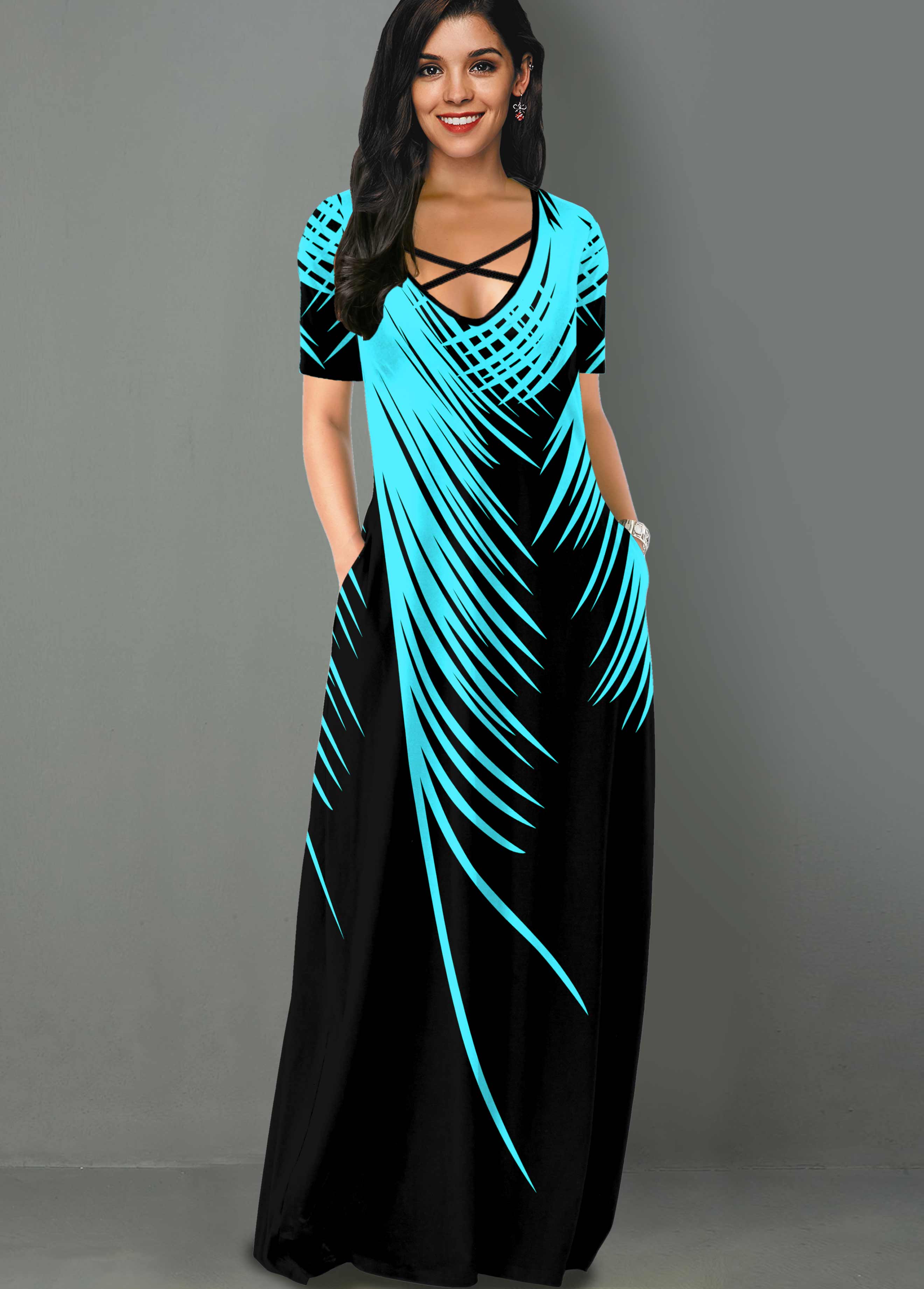 Palm Leaf Print Side Pocket Maxi Dress