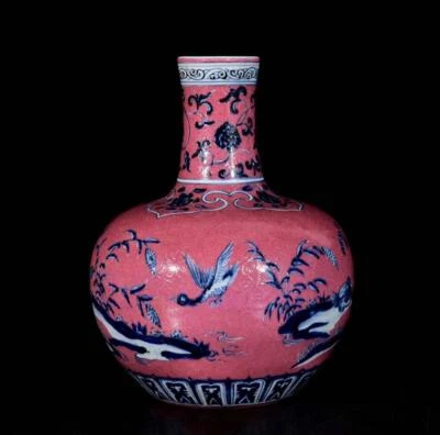 28CM Xuande Singed Old Chinese Blue and White Vase W/bird N3387