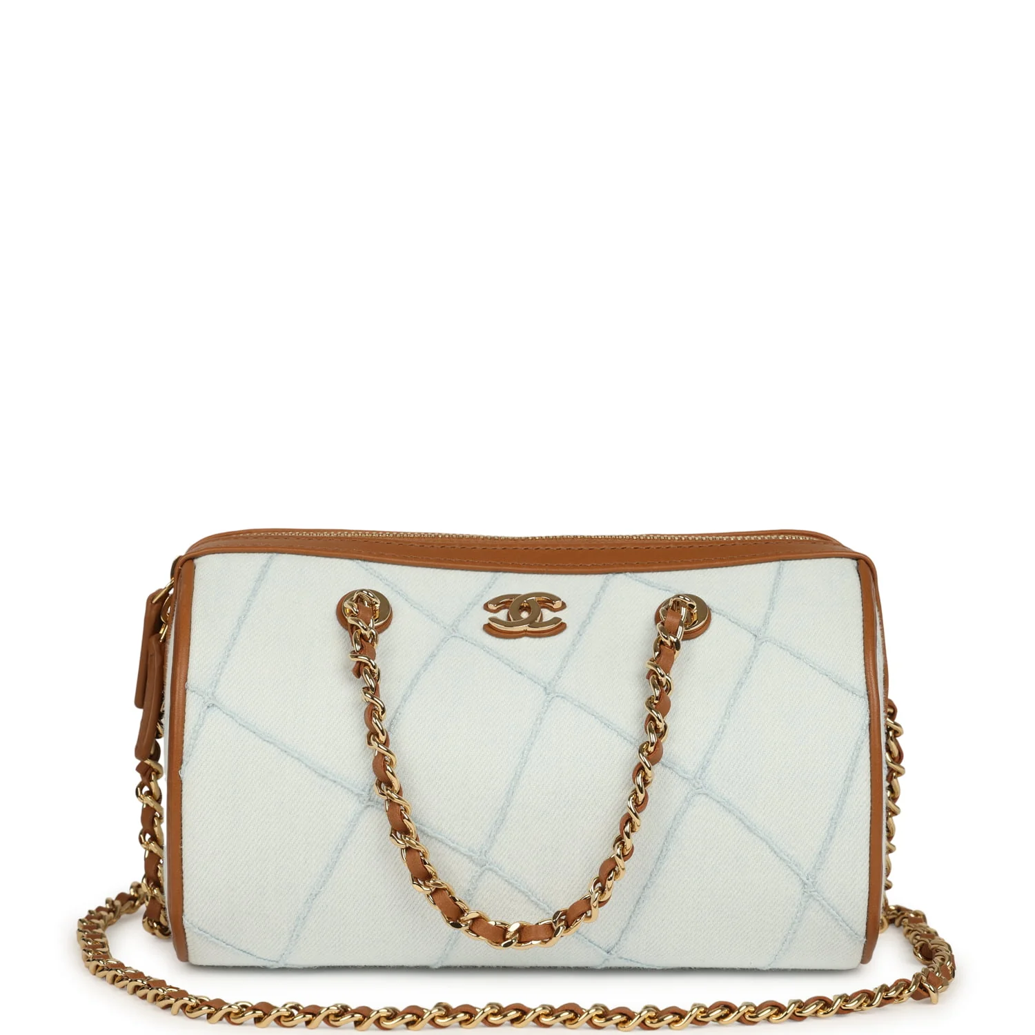 Chanel Coco Beach Mini Timeless Classic Barrel Bag with Chain Light Blue Denim and Brown Calfskin Gold Hardware
