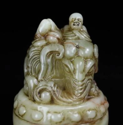 295G Old Chinese Shoushan Stone Seal Stamp Statue w/Luohan Buddha N2215