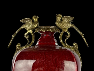 45CM Yongzheng Signed Old Chinese Red Glaze Vase w/bird N3900