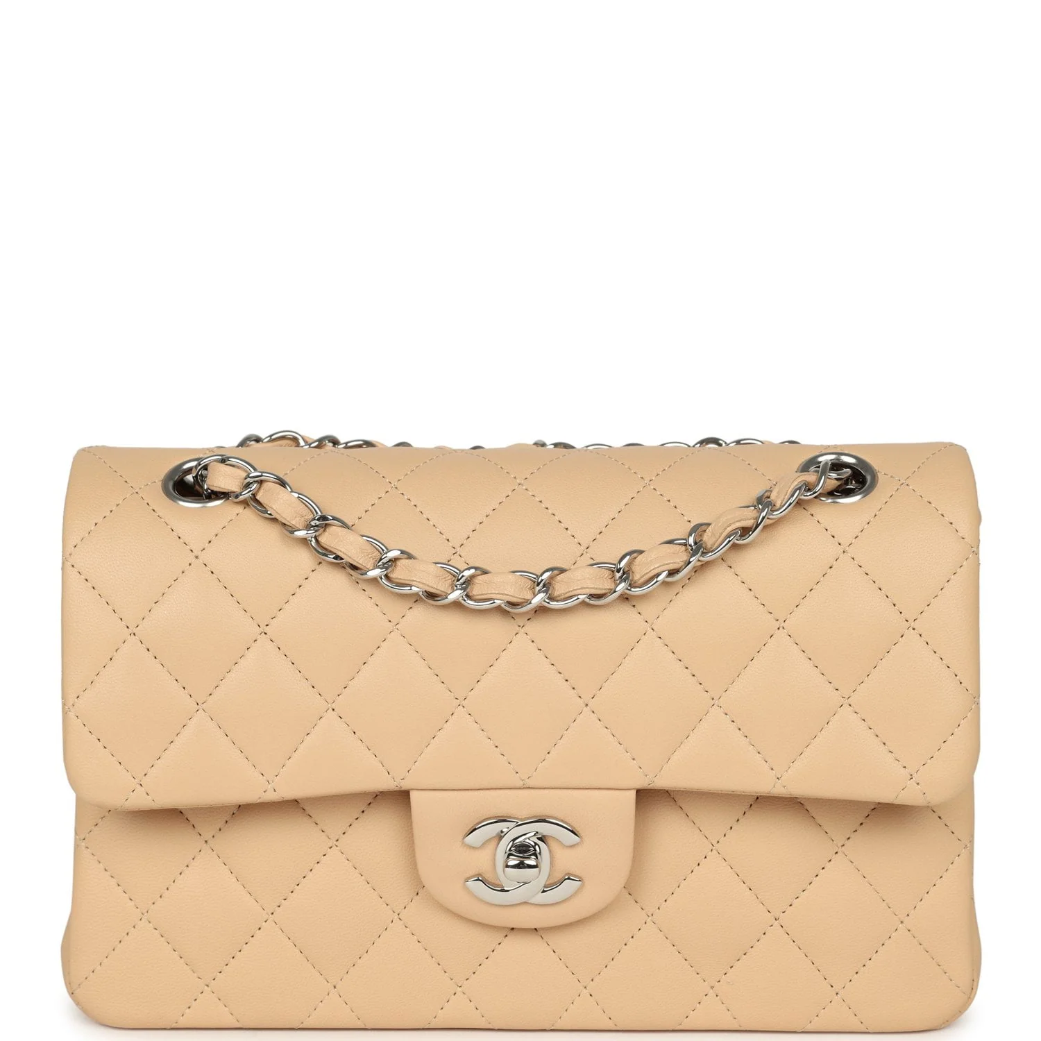 CHANEL Small Classic Double Flap Beige Lambskin Silver Hardware