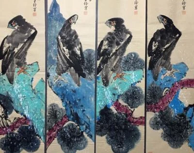 Four Li Kuchan Signed Chinese Hand Painted Calligraphy Scroll w/eagle N2080