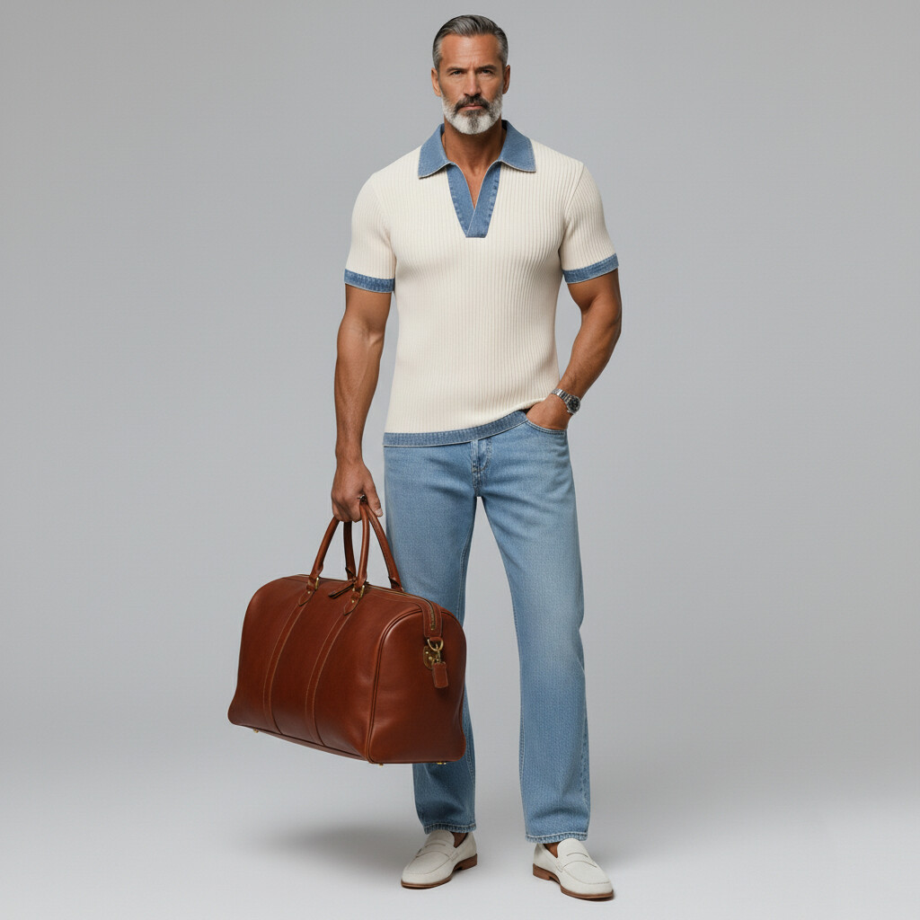 Men's Casual Ribbed Knitted Denim Contrast Trim Slim Fit Polo Shirt