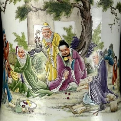 Wang Dafan Signed Old Chinese Famille Rose Brush Pot W/figure N1494