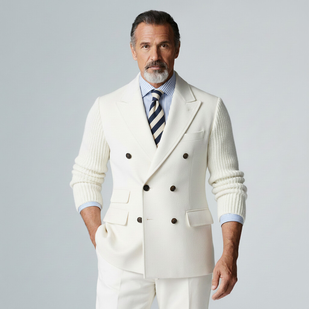 Men's White Peak Lapel Knitted Long Sleeve Double Breasted Blazer