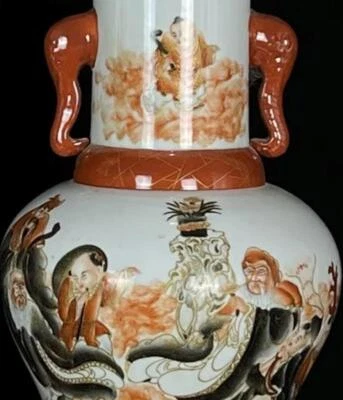 41CM Xianfeng Signed Old Chinese Iron Red Vase W/figure N690