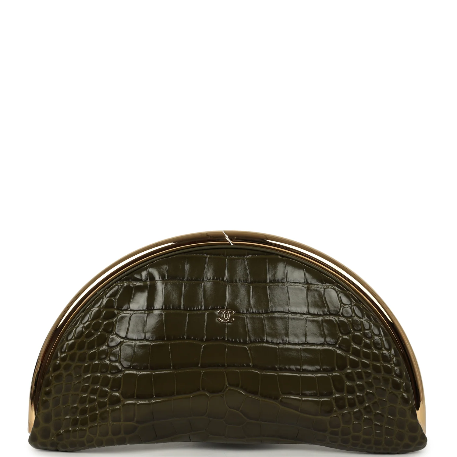 CHANEL Half Moon Clutch Bag Khaki Croc Embossed Calfskin Gold Hardware