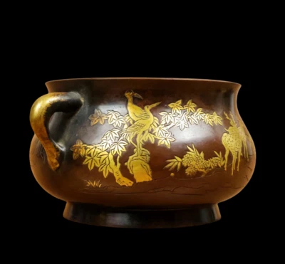 Xuande Signed Old Chinese Red Copper Handmade Incense Burner w/ear N3879