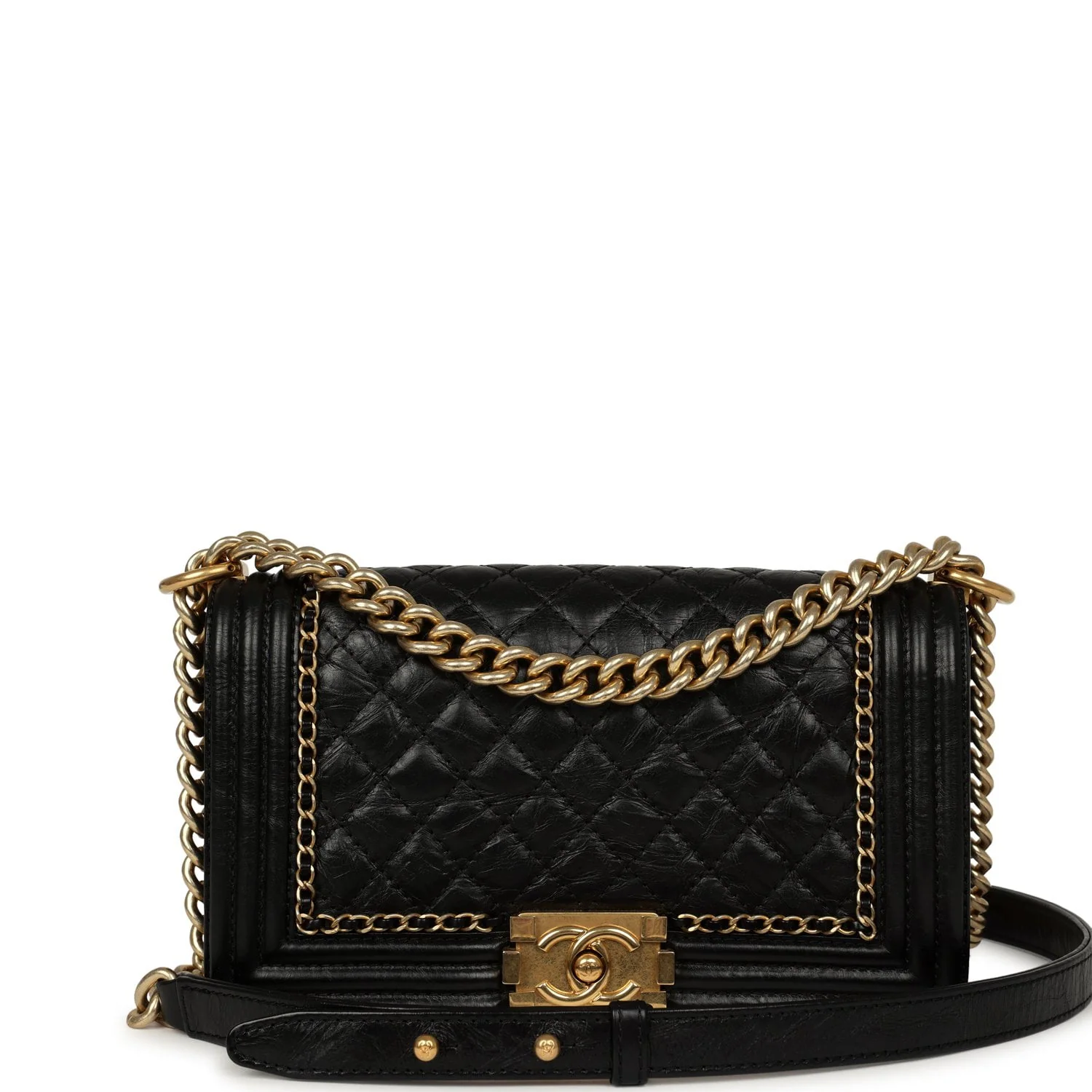 CHANEL Medium Boy Bag Black Aged Calfskin Antique Gold Hardware
