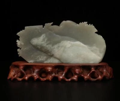 879G Chinese Carved Nephrite Jade Statue w/ landscape With Base