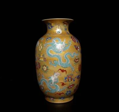 37CM Kangxi Signed Old Chinese Famille Rose Gilding Vase W/dragon