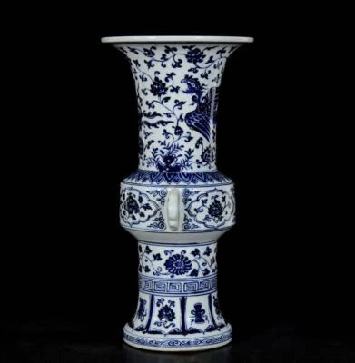 34CM Yongle Signed Old Chinese Blue and White Gu Vase W/phoenix N3126