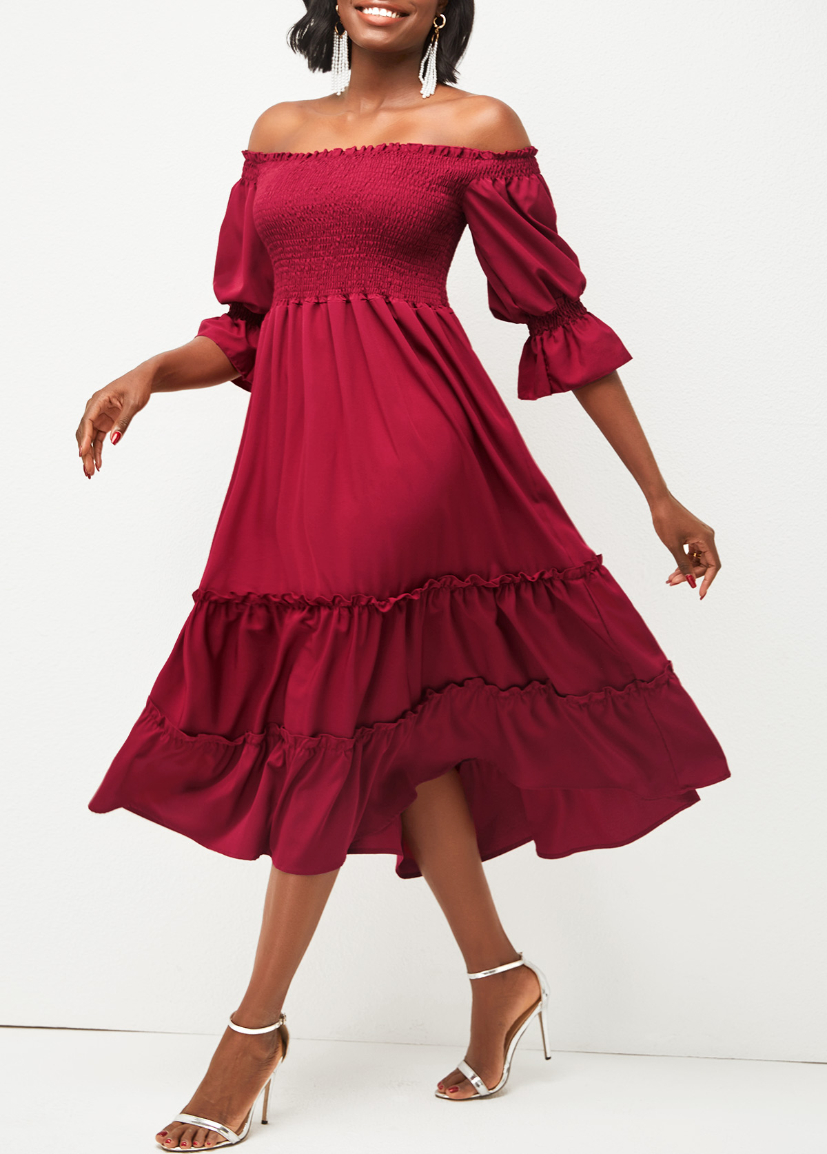 Wine Red Smocked Off Shoulder Valentines Dress