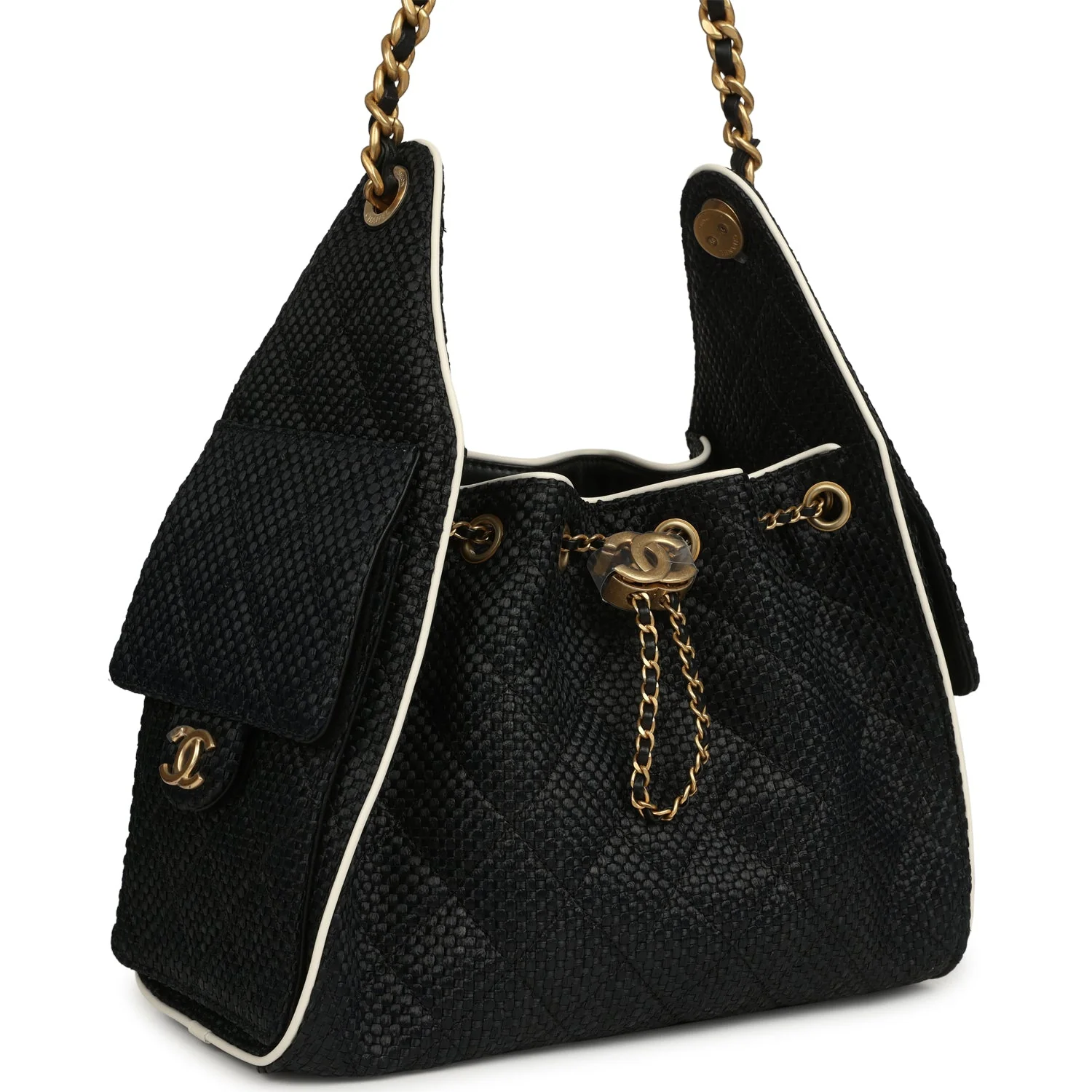 CHANEL Small 25 Hobo Bag Black Raffia And White Calfskin Antique Gold Hardware